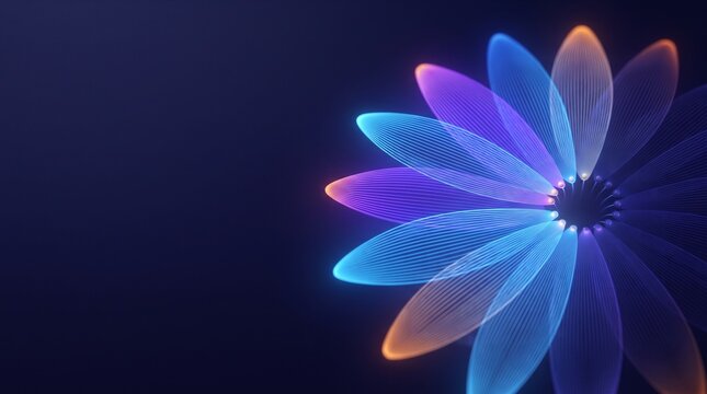 Abstract glowing digital flower with neon petals on a dark background with copy space