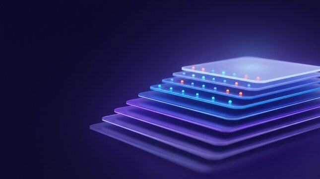 Abstract layered glass panels with glowing neon dots on a dark blue background with copy space