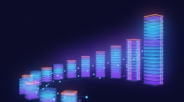 Glowing digital bar chart showing business growth with neon blue and purple light on dark background
