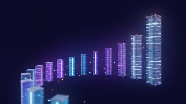 Glowing digital bar chart showing business growth with neon data visualization on dark background