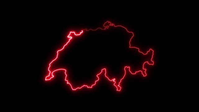 Glowing red neon outline map of switzerland on black background, digital motion
