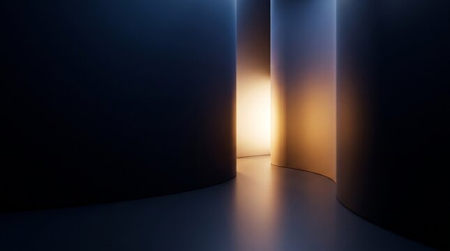 Abstract curved walls with glowing warm light in a dark modern architectural interior space