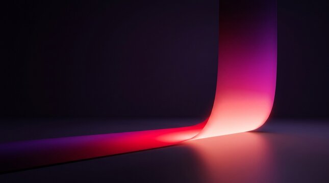 Abstract curved paper strip with neon pink and purple gradient lighting and copy space background