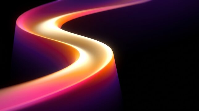 Abstract glowing neon wave line with soft gradient light on a dark background with copy space