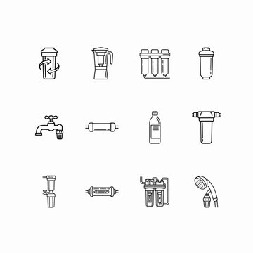 Various water filtration and purification system icons isolated on transparent background