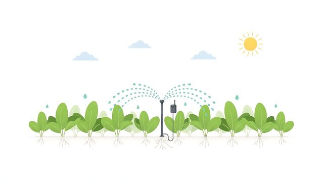 Flat vector illustration of an automated agricultural irrigation system watering rows of green crops in a sunny field under a clear sky
