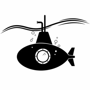Black and white submarine illustration isolated on transparent background