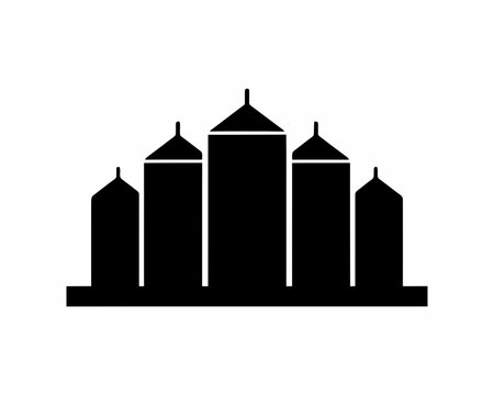 Black silhouette graphic illustration of five modern skyscrapers city skyline