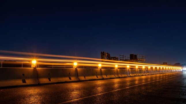 Long exposure of traffic light trails on a highway at night with construction visible in distance