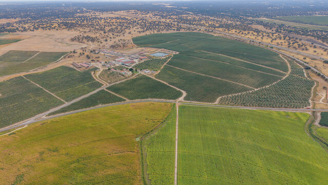 Aerial view of agricultural fields and rural landscape in Talayuela, Extremadura, Spain.
