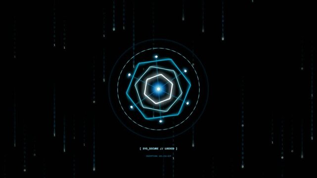 Cybersecurity system locked interface with blue hexagonal radar target and falling binary code security cyber protection defense scope