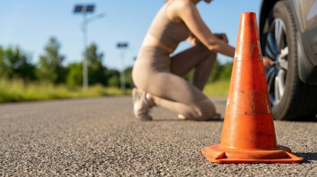 Woman changing flat tire on roadside with traffic cone for safety safety cone road cone