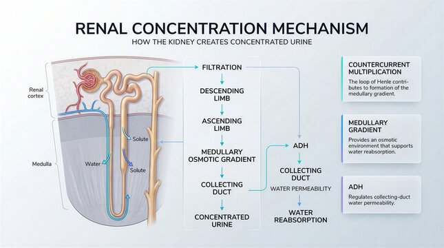 Educational diagram illustrating the renal concentration mechanism and kidney urine formation