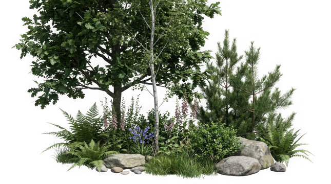 Dense garden patch with diverse lush trees and forest floor plants as PNG cutout