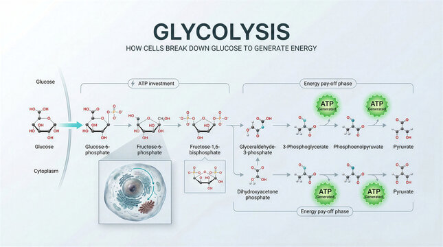 Educational infographic showing the glycolysis metabolic pathway and cellular energy production