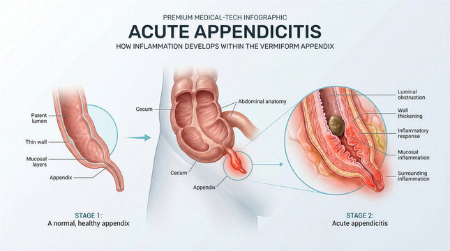 Medical infographic showing the progression of acute appendicitis in the human vermiform appendix