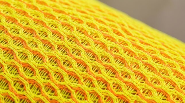 Close up macro view of a yellow and orange knitted fabric with a distinct textured pattern