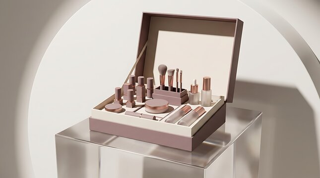 Open makeup kit box with various cosmetic beauty products and brushes on a display stand. makeup combo offers