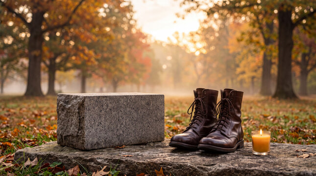Peaceful Veterans Day memorial with boots and candle in autumn