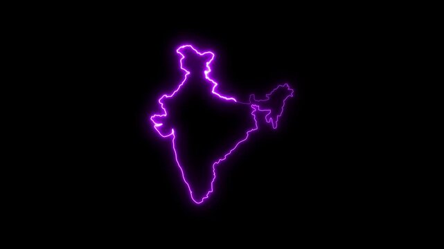 Neon glowing map of india outline, pulsing purple light effect on black background, for digital presentation