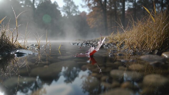 Rocking red maple leaf on shallow stream as camera pulling back and current nudging, with mist