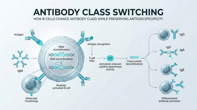 Scientific infographic illustrating the biological process of antibody class switching in B cells