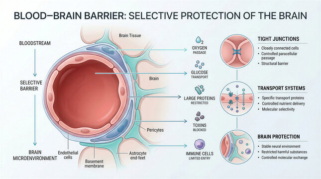 Scientific infographic explaining the blood-brain barrier structure and selective permeability