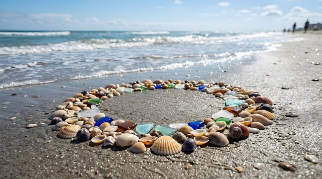 Beautiful seashells are carefully arranged in a perfect circular design on a sandy beach with gentle ocean waves rolling in the distance