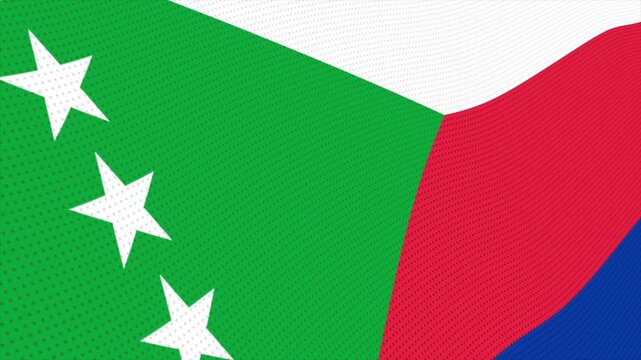 Flag of Comoros waving slowly in the foreground and moving upwards.
