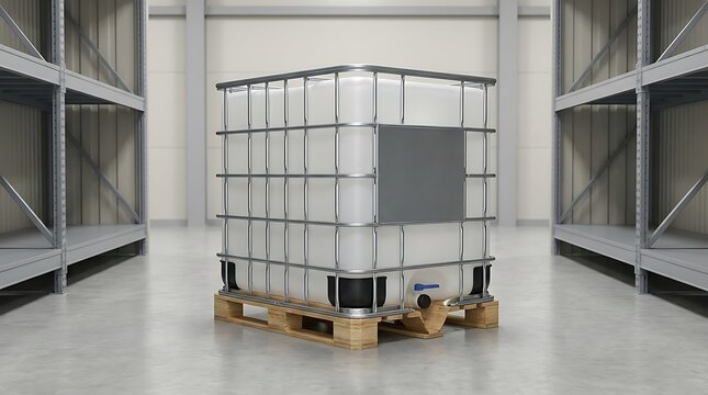 Large plastic liquid storage tank on a wooden pallet inside a clean industrial warehouse storage room. ibc container