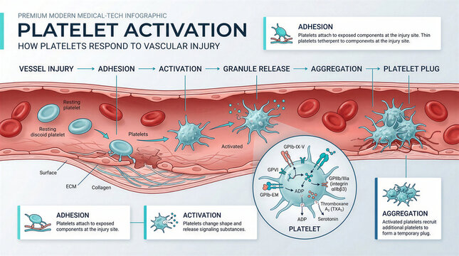 Medical infographic showing the biological process of platelet activation and blood clotting