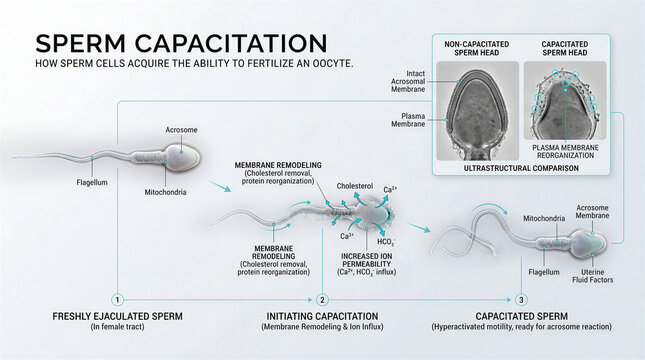 Scientific infographic explaining the biological process of sperm capacitation and maturation