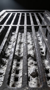 Empty cast-iron fireplace grate holding cold grey ash in hard directional light