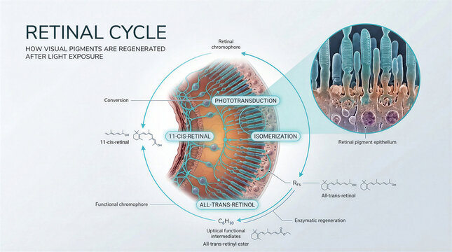 Scientific infographic illustrating the retinal cycle and visual pigment regeneration process