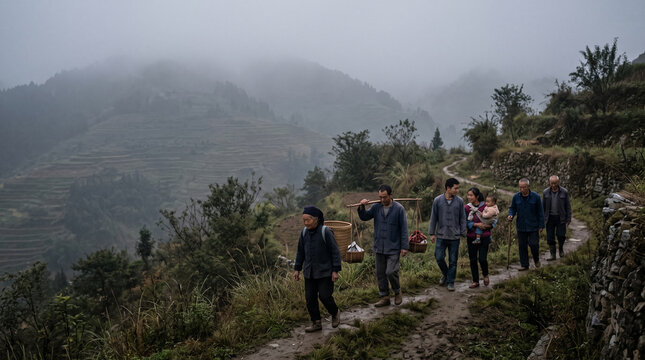 Rural Chinese villagers walking home through misty mountains after a remembrance ceremony