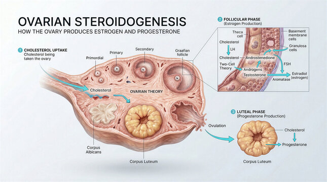 Educational infographic showing the process of ovarian steroidogenesis and hormone production