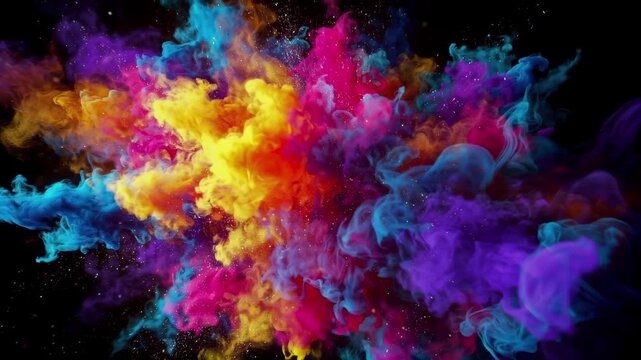 Vibrant Colored Powder Explosion Bursts in Slow Motion Against Dark Background Cinematic Abstract Visual