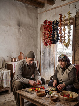 Turkish couple preparing preserved vegetables and dried produce in a rural winter home
