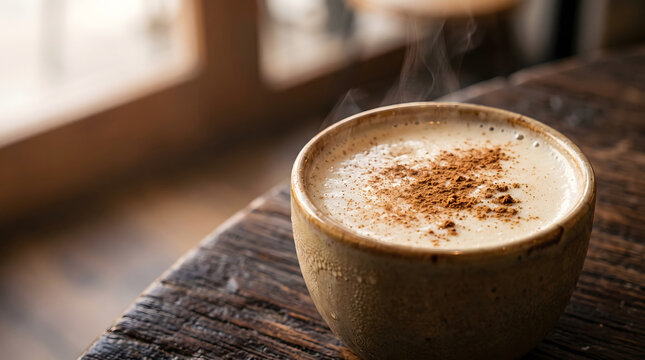 Hot Turkish salep topped with cinnamon in a rustic winter setting