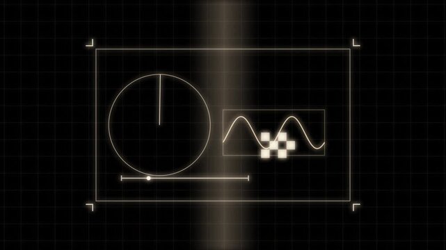 Futuristic digital HUD interface, glowing amber oscilloscope with sine wave and radar circle, high tech data visualization on dark grid background