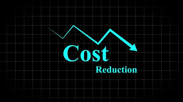Animated cost reduction concept featuring a downward trending graph and glowing cyne text on a black background. Represents expense reduction, cost cutting, lower prices,and 4K motion graphics.