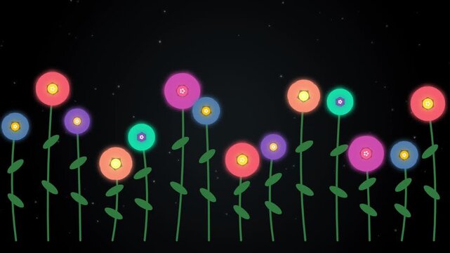 Glowing neon flowers in a colorful garden, stylized flat design floral animation on black background, vibrant whimsical plant motion graphics