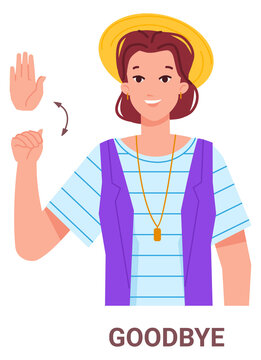 Goodbye gesture. Waving hand sign. Color character
