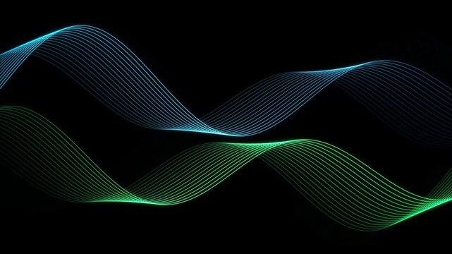Futuristic flowing lines in blue and green, abstract digital wave background, minimalist technology motion graphics for corporate presentations