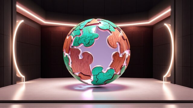 Puzzle globe sits upon platform. Neon lights frame dark room. Abstract presentation, concept suggests connection, unity.