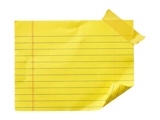 Yellow lined notepad sheet with curled corner and tape on transparent background © MS PNG STORE