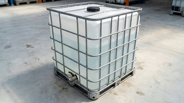 Large plastic water tank container with metal cage frame sitting on a pallet in a warehouse factory. ibc container