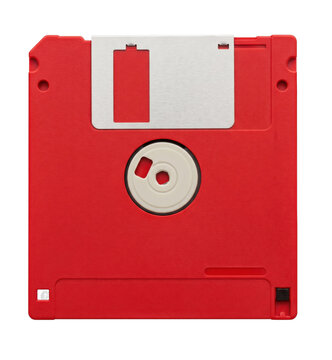 A bright red vintage floppy disk isolated on a clean white background for retro tech concepts
