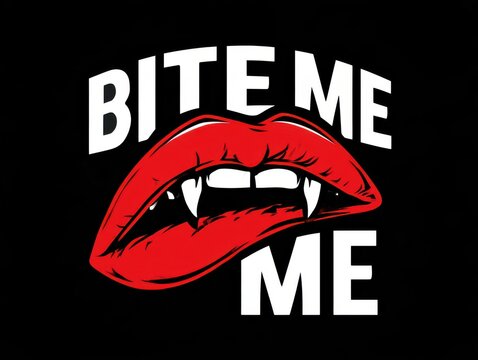 Red vampire lips saying bite me in bold white letters