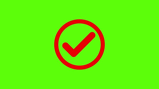 Red checkmark icon animation inside a circular border symbol isolated on a vibrant green screen chroma key background for video editing projects